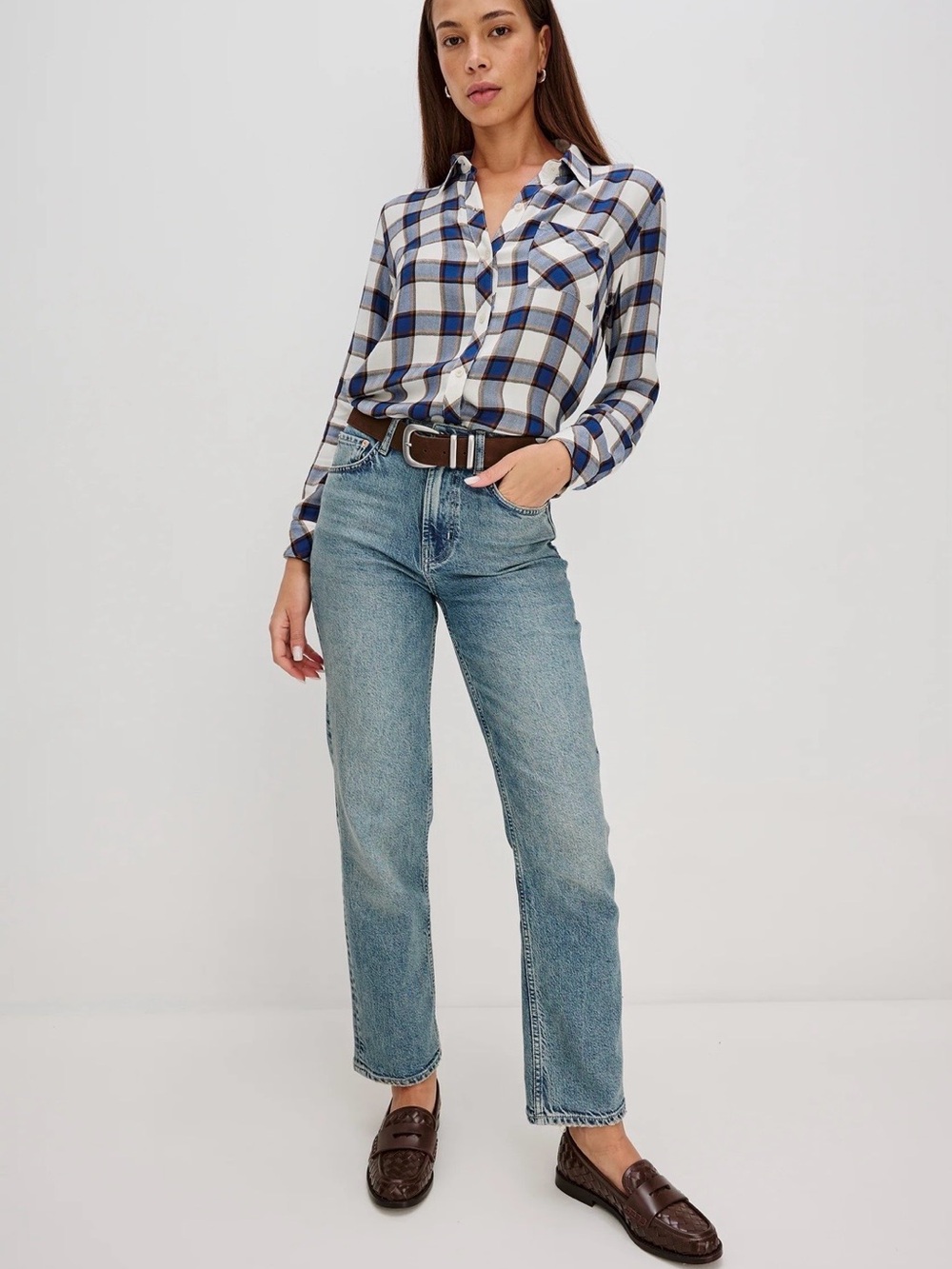 Rails Women's Plaid Button-Down Shirt in White and Blue